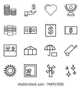 thin line icon set : coin stack, investment, heart, trophy, server, money, receipt, tools, greenhouse, insurance, suitcase, sun, flower in window, windmill, shining