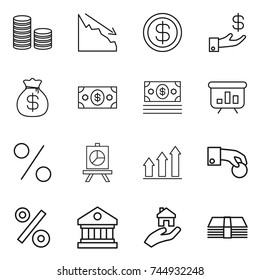 thin line icon set : coin stack, crisis, dollar, investment, money bag, presentation, percent, graph up, hand, library, real estate