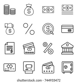 thin line icon set : coin stack, money bag, gift, percent, dollar arrow, credit card, account balance, library, atm, safe