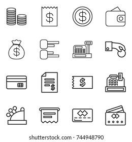 thin line icon set : coin stack, receipt, dollar, wallet, money bag, diagram, cashbox, hand, credit card, account balance, atm