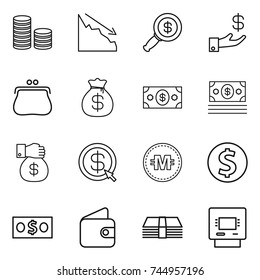 thin line icon set : coin stack, crisis, dollar magnifier, investment, purse, money bag, gift, arrow, crypto currency, wallet, atm