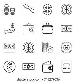 thin line icon set : coin stack, crisis, dollar, investment, wallet, purse, money, arrow, virtual mining, crypto currency, atm
