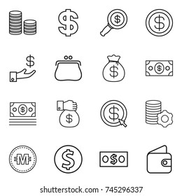 thin line icon set : coin stack, dollar, magnifier, investment, purse, money bag, gift, arrow, virtual mining, crypto currency, wallet
