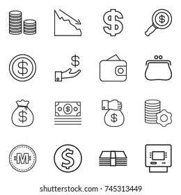 thin line icon set : coin stack, crisis, dollar, magnifier, investment, wallet, purse, money bag, gift, virtual mining, crypto currency, atm