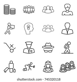 thin line icon set : coin stack, team, group, woman, courier, bulb head, client, do not trolley sign, security man, confidential, tourist, passenger, vacuum cleaner, outsource