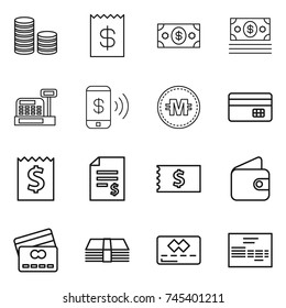 thin line icon set : coin stack, receipt, money, cashbox, phone pay, crypto currency, credit card, account balance, wallet, invoice