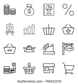 thin line icon set : coin stack, money bag, annual report, percent, presentation, graph up, basket, add to, remove from, scales, cashbox, store signboard, mall, shop, cart