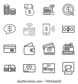 thin line icon set : coin stack, money gift, cashbox, dollar arrow, message, tap to pay, phone, credit card, wallet, invoice, atm