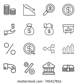 thin line icon set : coin stack, crisis, dollar magnifier, investment, money bag, gift, presentation, percent, arrow, core splitting, graph up, hand, library