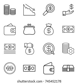 thin line icon set : coin stack, crisis, dollar magnifier, investment, wallet, purse, money bag, gift, arrow, virtual mining, crypto currency