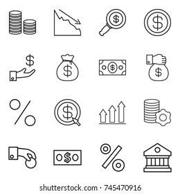 thin line icon set : coin stack, crisis, dollar magnifier, investment, money bag, gift, percent, arrow, graph up, virtual mining, hand, library