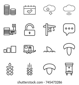 thin line icon set : coin stack, calendar, cloud service, cloud wireless, mall, unlock, tower crane, sms, sorting, trailer, shark flipper, mushroom, spikelets, hive
