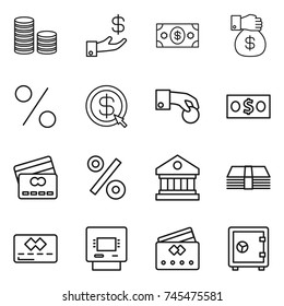 thin line icon set : coin stack, investment, money, gift, percent, dollar arrow, hand, credit card, library, atm, safe