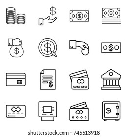 thin line icon set : coin stack, investment, money, gift, dollar arrow, hand, credit card, account balance, library, atm, safe