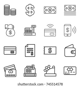 thin line icon set : coin stack, dollar, money, gift, cashbox, tap to pay, phone, credit card, account balance, receipt, wallet