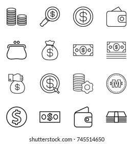 thin line icon set : coin stack, dollar magnifier, wallet, purse, money bag, gift, arrow, virtual mining, crypto currency