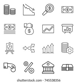 thin line icon set : coin stack, crisis, dollar magnifier, money, gift, statistics, presentation, core splitting, graph up, virtual mining, hand, percent, library