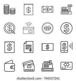 thin line icon set : coin stack, receipt, money, cashbox, dollar arrow, tap to pay, crypto currency, account balance, mobile, wallet, credit card