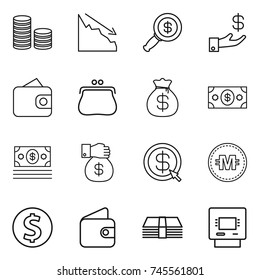 thin line icon set : coin stack, crisis, dollar magnifier, investment, wallet, purse, money bag, gift, arrow, crypto currency, atm