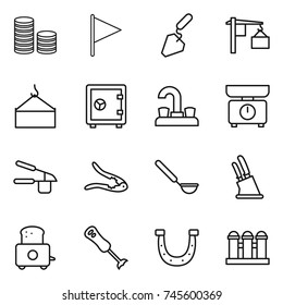 thin line icon set : coin stack, flag, construction, loading, crane, safe, water tap, kitchen scales, garlic clasp, walnut crack, ladle, knife holder, toaster, blender, horseshoe, grain elevator