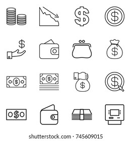 thin line icon set : coin stack, crisis, dollar, investment, wallet, purse, money bag, gift, arrow, atm