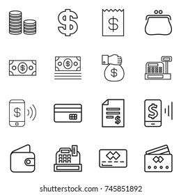 thin line icon set : coin stack, dollar, receipt, purse, money, gift, cashbox, phone pay, credit card, account balance, mobile, wallet