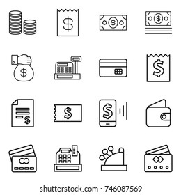thin line icon set : coin stack, receipt, money, gift, cashbox, credit card, account balance, mobile pay, wallet