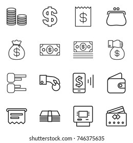 thin line icon set : coin stack, dollar, receipt, purse, money bag, gift, diagram, hand, mobile pay, wallet, atm, credit card