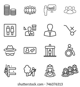 thin line icon set : coin stack, team, presentation, group, wc, architector, client, do not trolley sign, confidential, check in, detector, invalid, skyscrapers cleaning, garden, cleaner, outsource