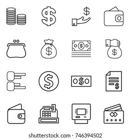 thin line icon set : coin stack, dollar, investment, wallet, purse, money bag, gift, diagram, account balance, cashbox, atm, credit card