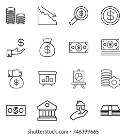 thin line icon set : coin stack, crisis, dollar magnifier, investment, money bag, gift, presentation, virtual mining, library, real estate