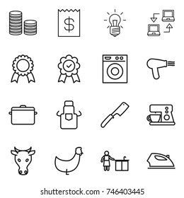 thin line icon set : coin stack, receipt, bulb, notebook connect, medal, washing machine, hair dryer, pan, apron, chef knife, coffee maker, cow, chicken, kitchen cleaning, iron