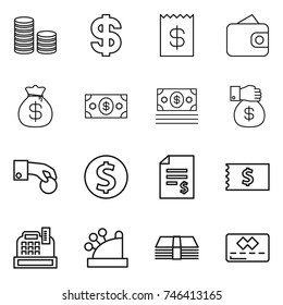 Thin Line Icon Set : Coin Stack, Dollar, Receipt, Wallet, Money Bag, Gift, Hand, Account Balance, Cashbox, Credit Card