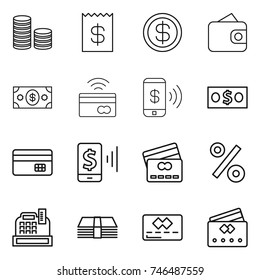 thin line icon set : coin stack, receipt, dollar, wallet, money, tap to pay, phone, credit card, mobile, percent, cashbox
