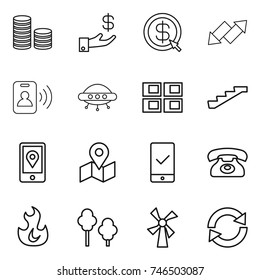 thin line icon set : coin stack, investment, dollar arrow, up down, pass card, ufo, panel house, stairs, mobile location, map, checking, phone, fire, trees, windmill, reload