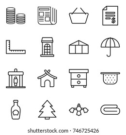 thin line icon set : coin stack, newspaper, basket, account balance, ruler, building, greenhouse, dry cargo, detector, bungalow, nightstand, colander, ketchup, spruce, hard reach place cleaning