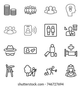 thin line icon set : coin stack, team, group, bulb head, pass card, wc, architector, confidential, check in, passenger, hospital, Chair for babies, garden cleaning, vacuum cleaner