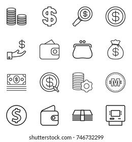 thin line icon set : coin stack, dollar, magnifier, investment, wallet, purse, money bag, arrow, virtual mining, crypto currency, atm