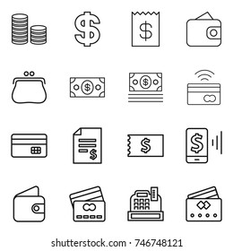 thin line icon set : coin stack, dollar, receipt, wallet, purse, money, tap to pay, credit card, account balance, mobile, cashbox