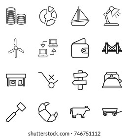 thin line icon set : coin stack, circle diagram, boat, table lamp, windmill, notebook connect, wallet, bridge, gas station, do not trolley sign, signpost, kettle, meat hammer, croissant, cow
