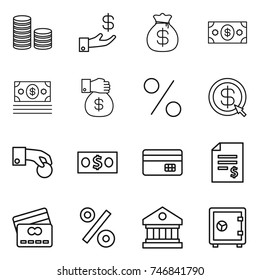 thin line icon set : coin stack, investment, money bag, gift, percent, dollar arrow, hand, credit card, account balance, library, safe