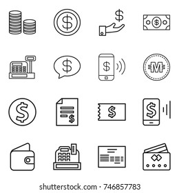 thin line icon set : coin stack, dollar, investment, money, cashbox, message, phone pay, crypto currency, account balance, receipt, mobile, wallet, invoice, credit card