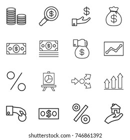 thin line icon set : coin stack, dollar magnifier, investment, money bag, gift, statistics, percent, presentation, core splitting, graph up, hand, real estate