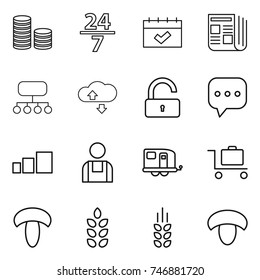 thin line icon set : coin stack, 24 7, calendar, newspaper, structure, cloude service, unlock, sms, sorting, workman, trailer, baggage trolley, mushroom, spikelets