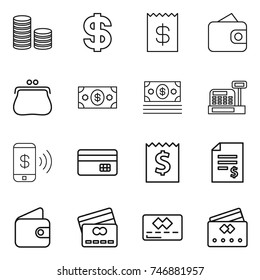 thin line icon set : coin stack, dollar, receipt, wallet, purse, money, cashbox, phone pay, credit card, account balance