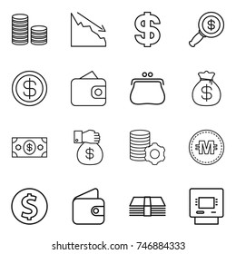 thin line icon set : coin stack, crisis, dollar, magnifier, wallet, purse, money bag, gift, virtual mining, crypto currency, atm