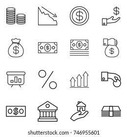 thin line icon set : coin stack, crisis, dollar, investment, money bag, gift, presentation, percent, graph up, hand, library, real estate