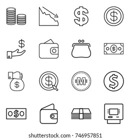 thin line icon set : coin stack, crisis, dollar, investment, wallet, purse, money, gift, arrow, crypto currency, atm