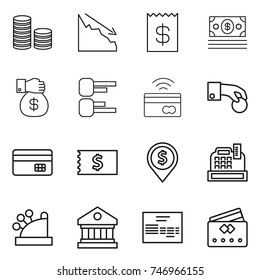 thin line icon set : coin stack, crisis, receipt, money, gift, diagram, tap to pay, hand, credit card, dollar pin, cashbox, library, invoice