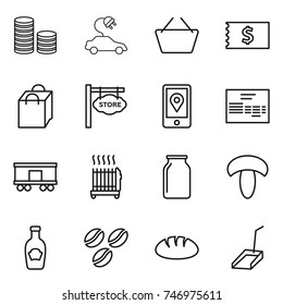 thin line icon set : coin stack, electric car, basket, receipt, shopping bag, store signboard, mobile location, invoice, railroad shipping, radiator, bank, mushroom, ketchup, coffee seeds, bread
